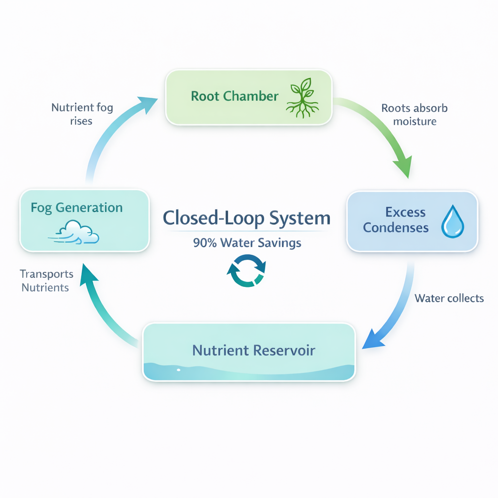 Closed-loop water cycle diagram showing fog generation, root absorption, condensation, and recirculation