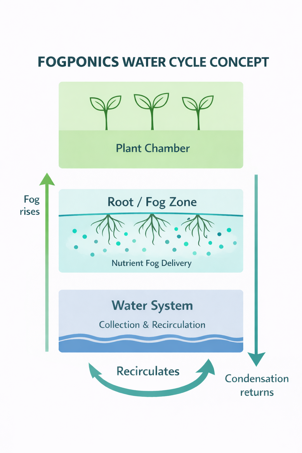Fogponics water cycle concept diagram showing plant chamber, root/fog zone, and water system with closed-loop recirculation